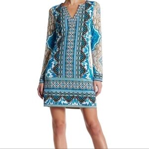 Hale Bob Long Sleeve Split Neck Abstract Pattern Tunic Shift Dress -Size X Small